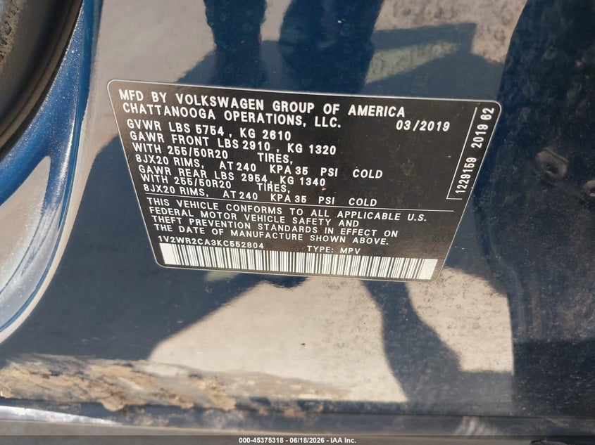 2019 Volkswagen Atlas VIN 1V2WR2CA3KC552804 IAAI salvage auction — REAR END, Salvage Title, sold $3,900 on 2026-07-24 (photo 9)