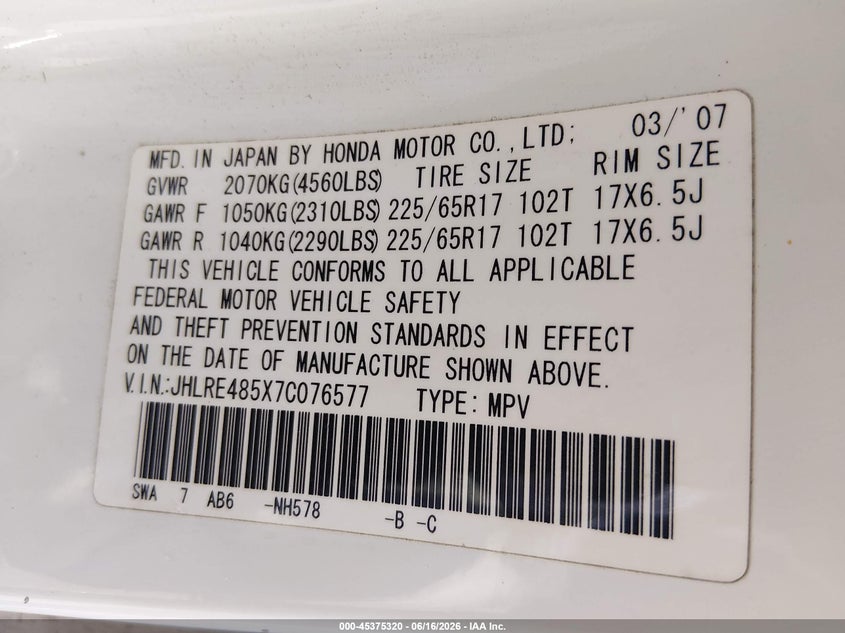 2007 Honda Cr-v VIN JHLRE485X7C076577 IAAI salvage auction — LEFT REAR, Salvage (Connecticut), sold $975 on 2026-07-23 (photo 9)