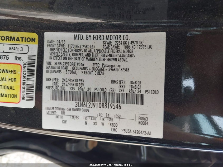 2013 Lincoln Mkz VIN 3LN6L2J91DR819546 IAAI salvage auction — FRONT END, Clear (Michigan), sold $775 on 2026-07-17 (photo 9)