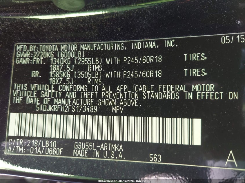 2015 Toyota Highlander VIN 5TDJKRFH2FS173489 IAAI salvage auction — LEFT FRONT, Salvage Title, sold $4,500 on 2026-07-29 (photo 9)