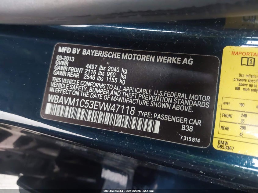 2014 BMW X1 VIN WBAVM1C53EVW47118 IAAI salvage auction — WATER/FLOOD, Salvage (Texas), sold $925 on 2026-07-24 (photo 9)