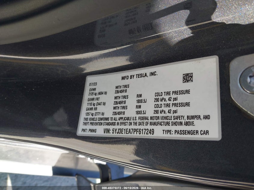 2023 Tesla Model 3 VIN 5YJ3E1EA7PF617249 IAAI salvage auction — FRONT END, Salvage (Arizona), sold $5,850 on 2026-07-23 (photo 9)