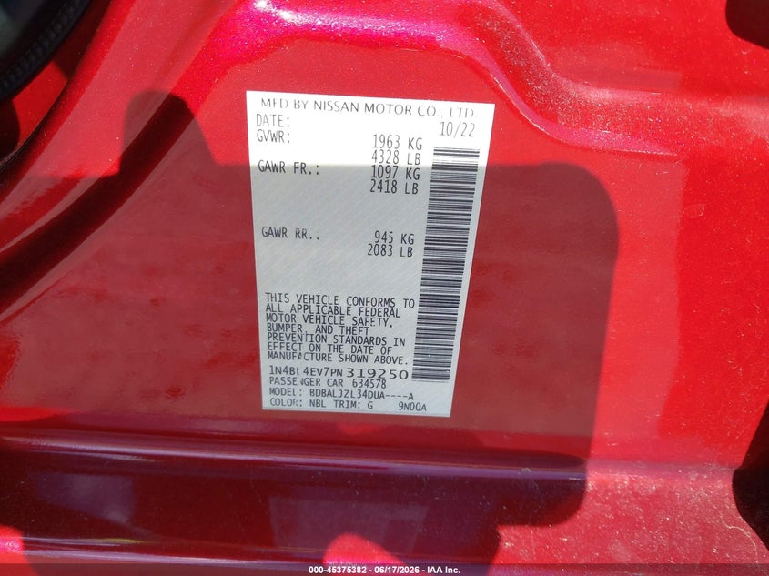 2023 Nissan Altima VIN 1N4BL4EV7PN319250 IAAI salvage auction — REAR END, Salvage Title, sold $7,000 on 2026-08-22 (photo 9)