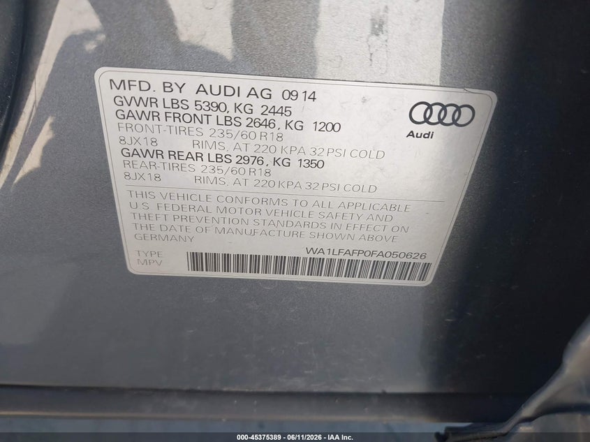 2015 Audi Q5 VIN WA1LFAFP0FA050626 IAAI salvage auction — MECHANICAL, Clear - Dealer Only (California), sold $1,600 on 2026-07-06 (photo 9)