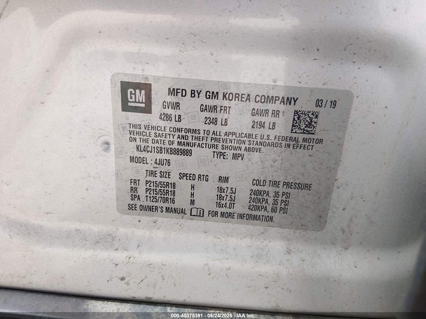 2019 Buick Encore VIN KL4CJ1SB1KB889889 IAAI salvage auction — FRONT & REAR, Salvage (Ohio), sold $1,400 on 2026-07-08 (photo 9)
