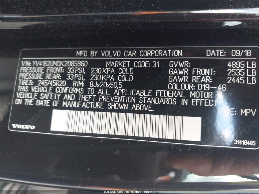 2019 Volvo Xc40 VIN YV4162UM0K2085860 IAAI salvage auction — FRONT END, Salvage (Pennsylvania), sold $8,300 on 2026-07-21 (photo 9)