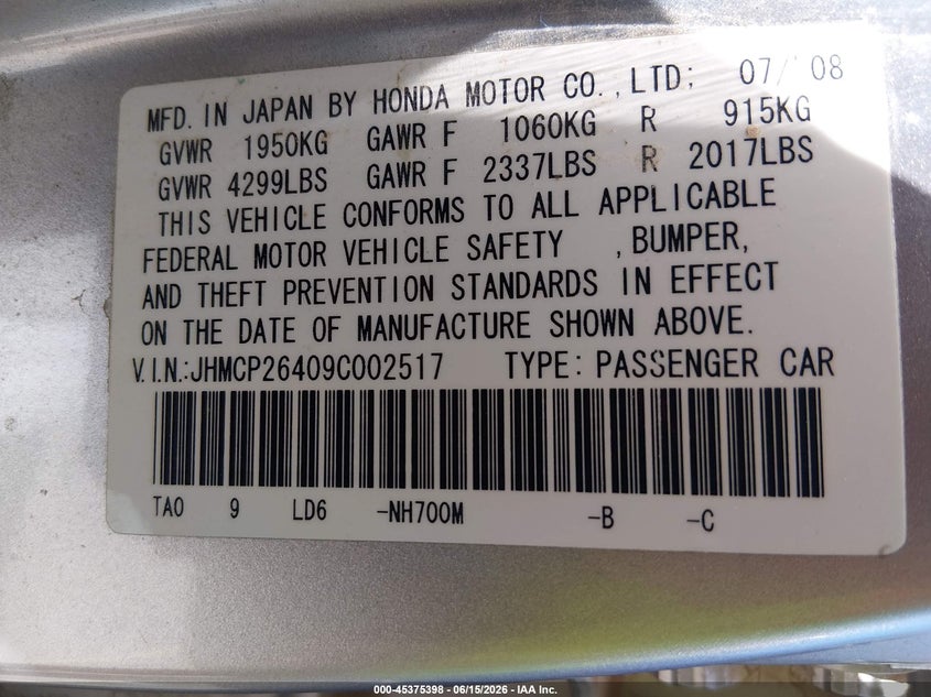 2009 Honda Accord VIN JHMCP26409C002517 IAAI salvage auction — FRONT END, Salvage (Colorado), sold $1,000 on 2026-08-02 (photo 9)