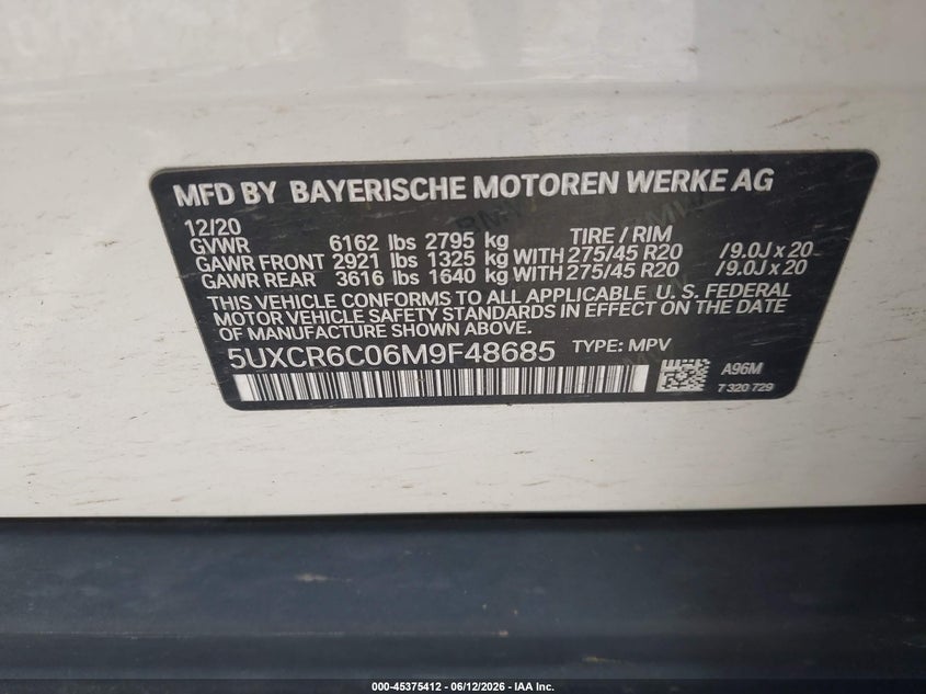 2021 BMW X5 VIN 5UXCR6C06M9F48685 IAAI salvage auction — FRONT END, Mv-907A (New York), sold $17,900 on 2026-07-14 (photo 9)