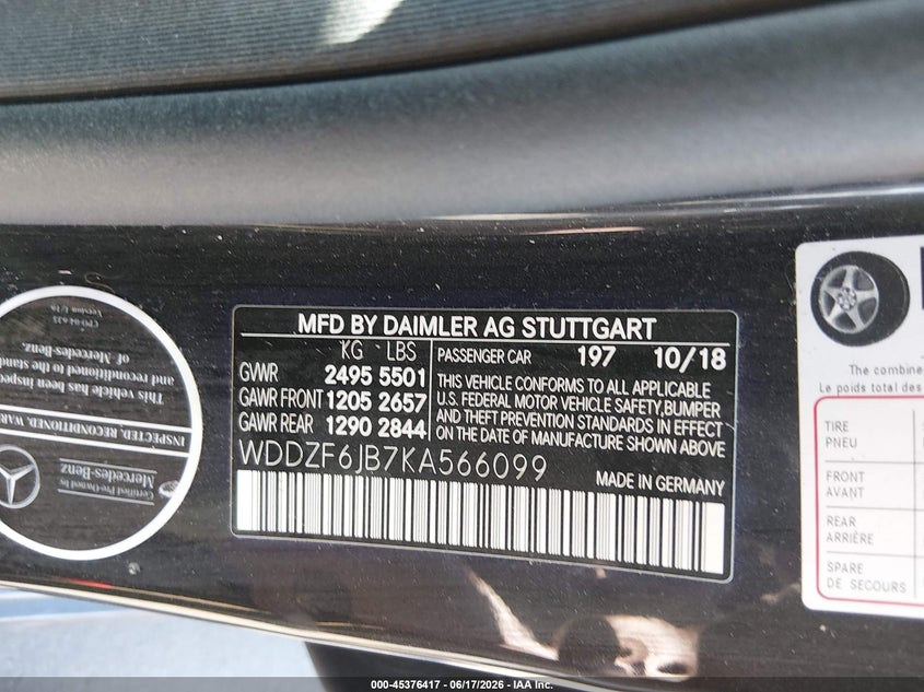 2019 Mercedes-benz E-klasse VIN WDDZF6JB7KA566099 IAAI salvage auction — SIDE, Salvage (Arizona), sold $12,900 on 2026-08-06 (photo 9)