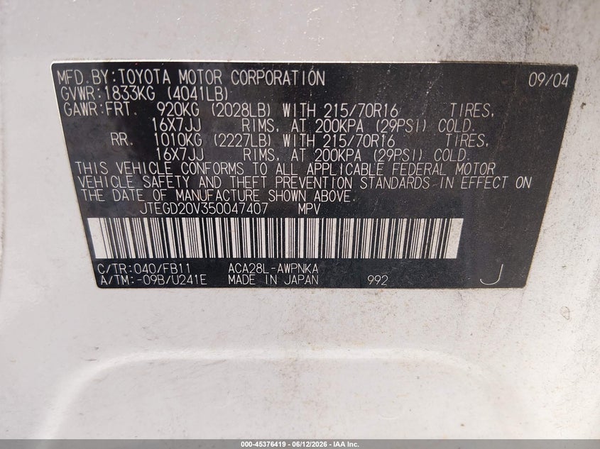 2005 Toyota Rav4 VIN JTEGD20V350047407 IAAI salvage auction — RIGHT SIDE, Salvage (Missouri), sold $475 on 2026-07-06 (photo 8)