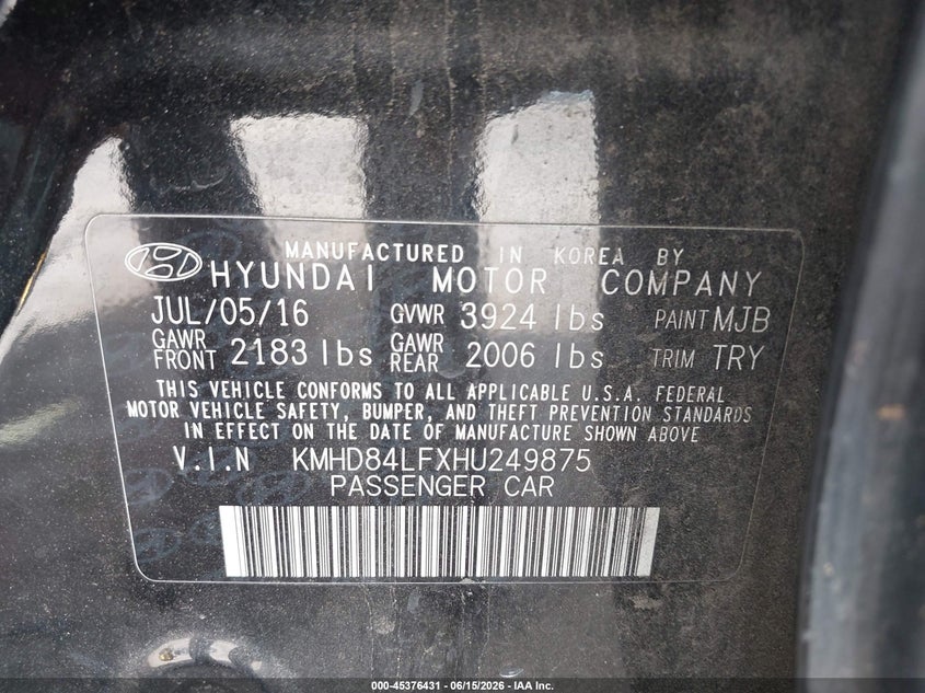 2017 Hyundai Elantra VIN KMHD84LFXHU249875 IAAI salvage auction — FRONT END, Salvage (Texas), sold $150 on 2026-07-28 (photo 9)
