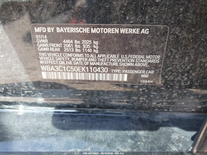 2014 BMW 3er VIN WBA3C1C50EK110430 IAAI salvage auction — NORMAL WEAR, Clear - Dealer Only (California), sold $625 on 2026-07-29 (photo 9)