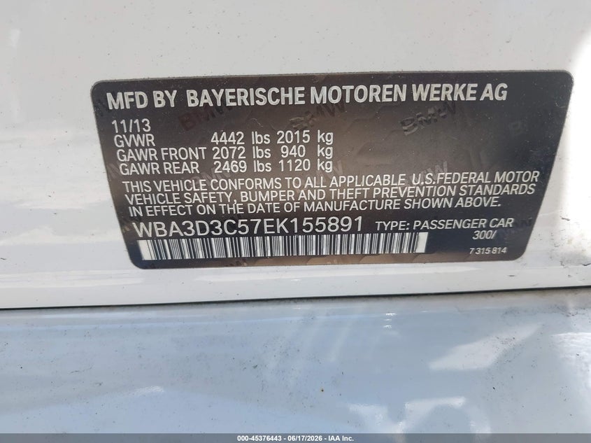 2014 BMW VIN WBA3D3C57EK155891 IAAI salvage auction — FRONT & REAR, Salvage (North Carolina), sold $5,200 on 2026-07-17 (photo 9)