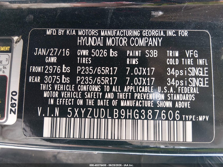 2017 Hyundai Santa fe VIN 5XYZUDLB9HG387606 IAAI salvage auction — FRONT END, Salvage Title, sold $1,050 on 2026-08-01 (photo 9)