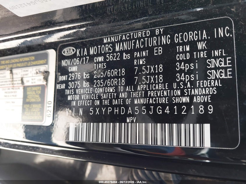 2018 Kia Sorento VIN 5XYPHDA55JG412189 IAAI salvage auction — NORMAL WEAR, Clear (Illinois), sold $1,850 on 2026-07-21 (photo 9)