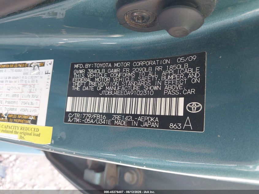 2010 Toyota Corolla VIN JTDBU4EE0A9102310 IAAI salvage auction — FRONT & REAR, Salvage (Texas), sold $1,200 on 2026-07-19 (photo 9)