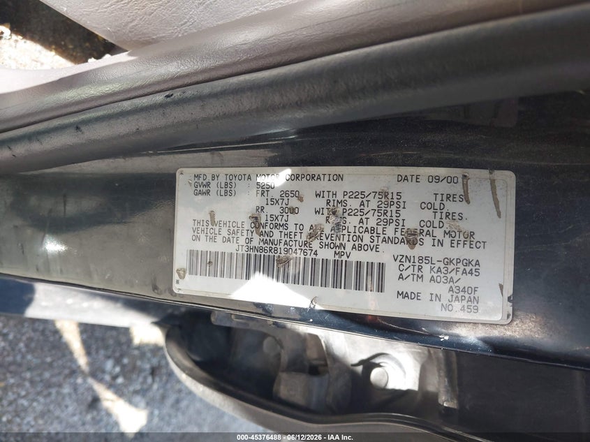 2001 Toyota 4runner VIN JT3HN86R819047674 IAAI salvage auction — NORMAL WEAR, Clear (Illinois), sold $900 on 2026-07-28 (photo 9)