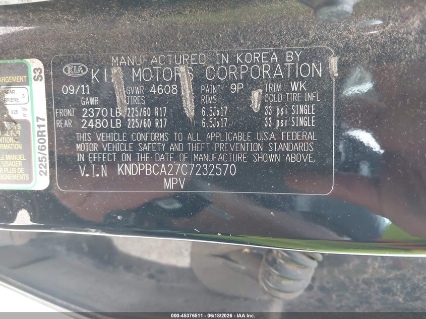 2012 Kia Sportage VIN KNDPBCA27C7232570 IAAI salvage auction — NORMAL WEAR, Clear (Louisiana), sold $1,200 on 2026-07-20 (photo 9)