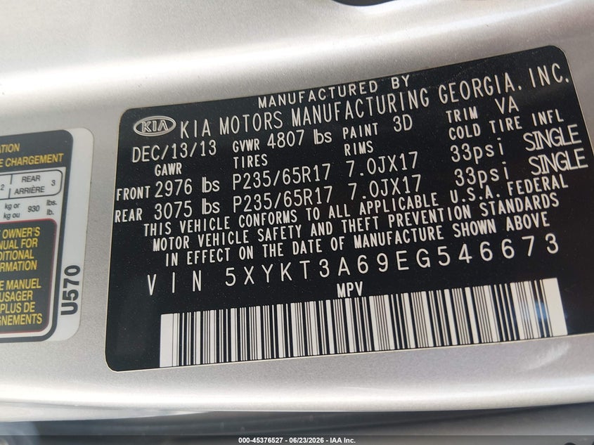 2014 Kia Sorento VIN 5XYKT3A69EG546673 IAAI salvage auction — FRONT END, Salvage (Louisiana), sold $2,600 on 2026-07-15 (photo 9)