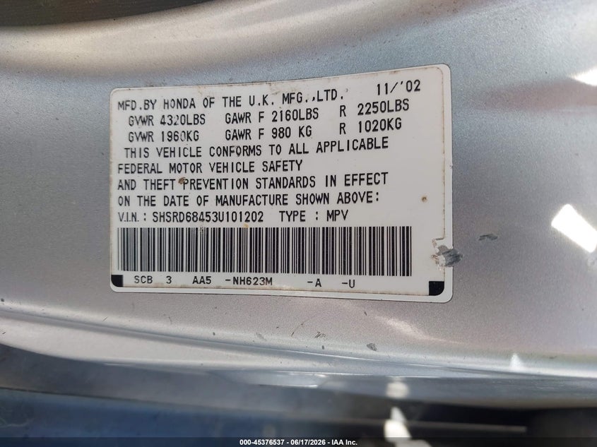 2003 Honda Cr-v VIN SHSRD68453U101202 IAAI salvage auction — RIGHT REAR, Salvage (Idaho), sold $300 on 2026-07-07 (photo 9)