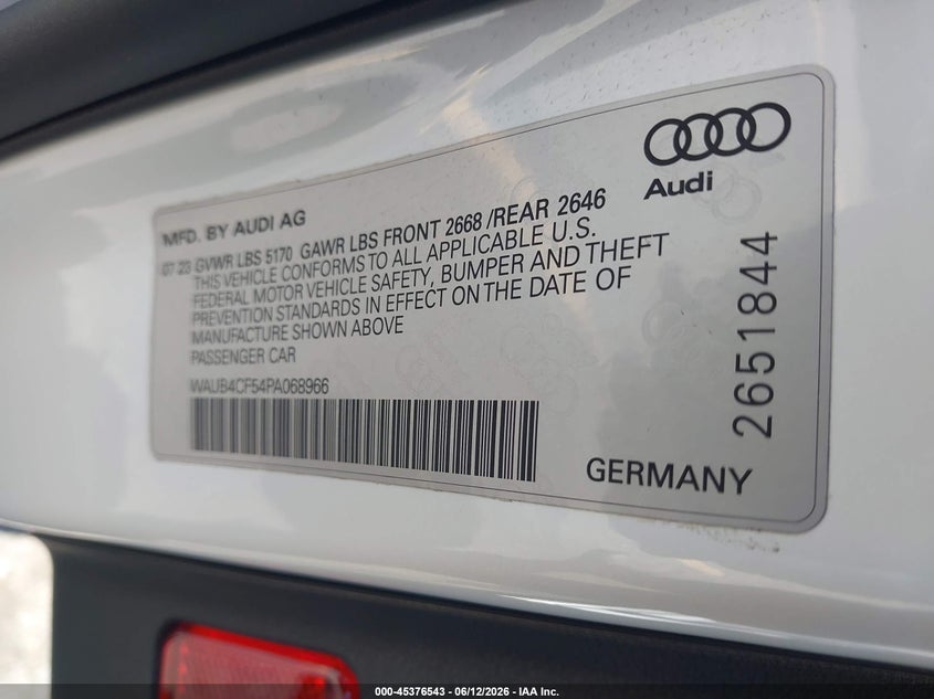 2023 Audi S5 VIN WAUB4CF54PA068966 IAAI salvage auction — REAR END, Salvage (California), sold $15,600 on 2026-07-29 (photo 9)