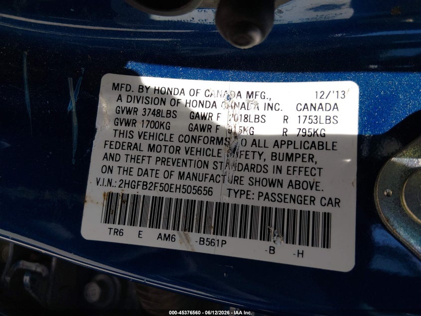 2014 Honda Civic VIN 2HGFB2F50EH505656 IAAI salvage auction — FRONT END, Salvage (Kansas), sold $1,875 on 2026-07-24 (photo 9)