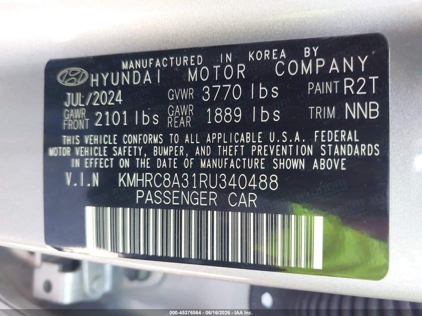 2024 Hyundai Venue VIN KMHRC8A31RU340488 IAAI salvage auction — RIGHT FRONT, Salvage Title, sold $4,500 on 2026-07-17 (photo 9)