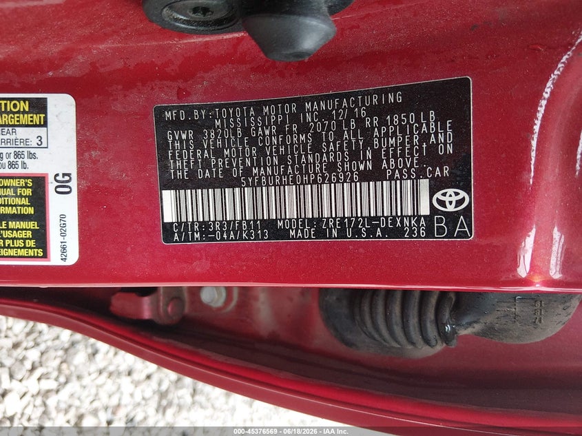 2017 Toyota Corolla VIN 5YFBURHE0HP626926 IAAI salvage auction — FRONT END, Clear (Alabama), sold $10,100 on 2026-07-06 (photo 9)