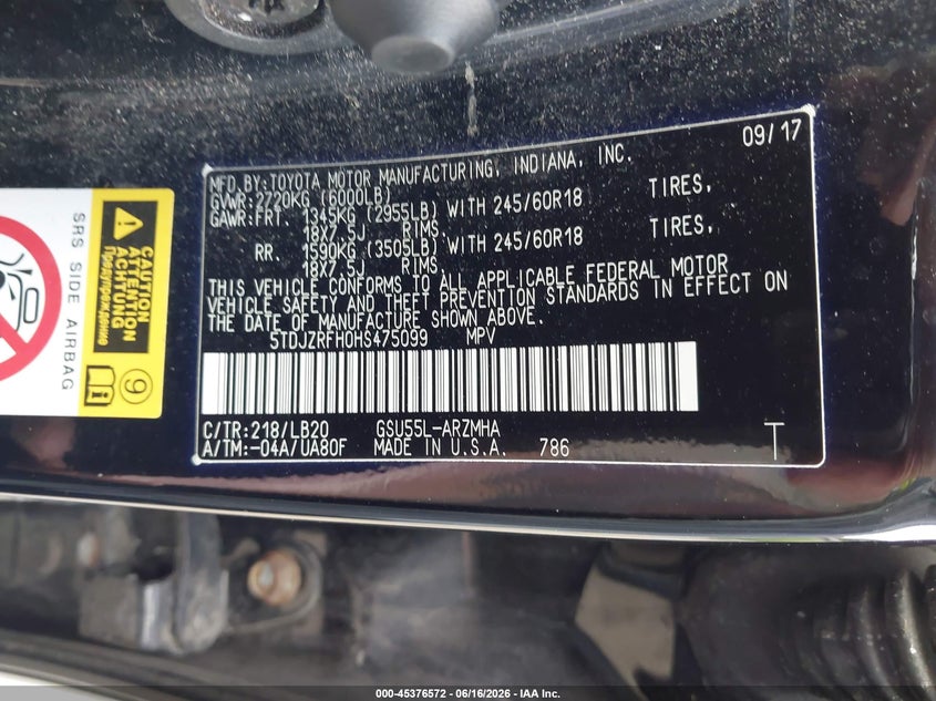 2017 Toyota Highlander VIN 5TDJZRFH0HS475099 IAAI salvage auction — LEFT FRONT, Clear (Michigan), sold $10,425 on 2026-07-23 (photo 9)