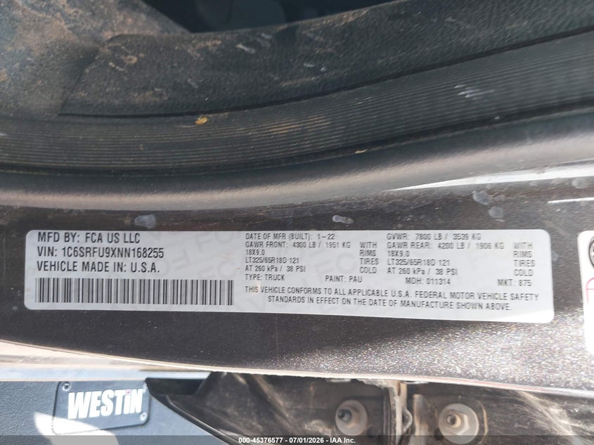 2022 Ram 1500 VIN 1C6SRFU9XNN168255 IAAI salvage auction — SIDE, Clear (Oklahoma), sold $41,250 on 2026-09-02 (photo 9)