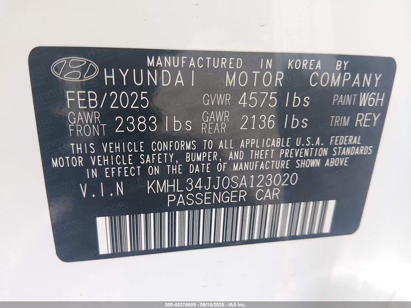 2025 Hyundai Sonata VIN KMHL34JJ0SA123020 IAAI salvage auction — FRONT END, Salvage Title, sold $5,900 on 2026-08-02 (photo 9)