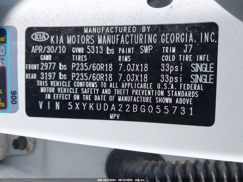 2011 Kia Sorento VIN 5XYKUDA22BG055731 IAAI salvage auction — NORMAL WEAR, Clear-Dealer Only (Oregon), sold $600 on 2026-07-09 (photo 9)