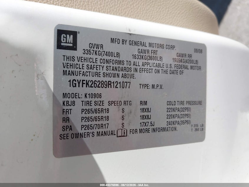 2009 Cadillac Escalade esv VIN 1GYFK26289R121077 IAAI salvage auction — NORMAL WEAR, Regular Certificate (Iowa), sold $675 on 2026-07-21 (photo 9)
