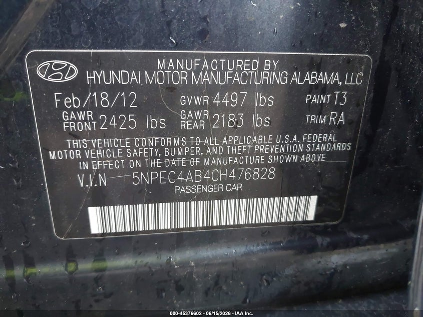 2012 Hyundai Sonata VIN 5NPEC4AB4CH476828 IAAI salvage auction — RIGHT SIDE, Salvage (Mississippi), sold $275 on 2026-07-16 (photo 9)