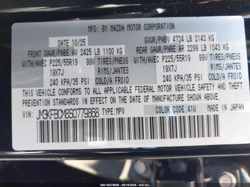 2025 Mazda Cx-5 VIN JM3KFBCM8S0779868 IAAI salvage auction — REAR END, Salvage (Pennsylvania), sold $10,700 on 2026-07-15 (photo 9)