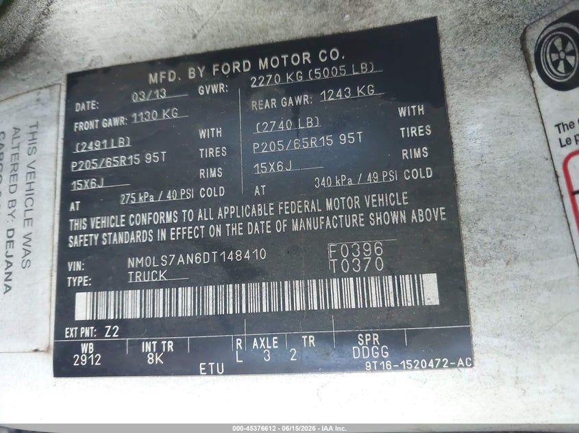 2013 Ford Transit VIN NM0LS7AN6DT148410 IAAI salvage auction — REAR END, Salvage (South Carolina), sold $300 on 2026-07-28 (photo 9)