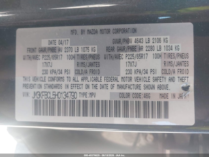 2017 Mazda Cx-5 VIN JM3KFBCL5H0134790 IAAI salvage auction — SIDE, Salvage (Massachusetts), sold $3,200 on 2026-07-17 (photo 9)