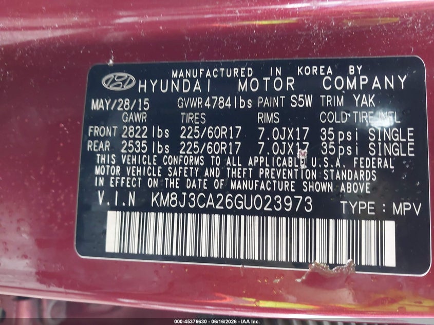 2016 Hyundai Tucson VIN KM8J3CA26GU023973 IAAI salvage auction — REAR END, Salvage (Georgia), sold $3,350 on 2026-07-15 (photo 9)