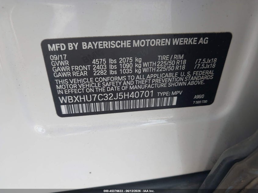 2018 BMW X1 VIN WBXHU7C32J5H40701 IAAI salvage auction — FRONT END, Salvage (Alabama), sold $2,725 on 2026-07-20 (photo 9)