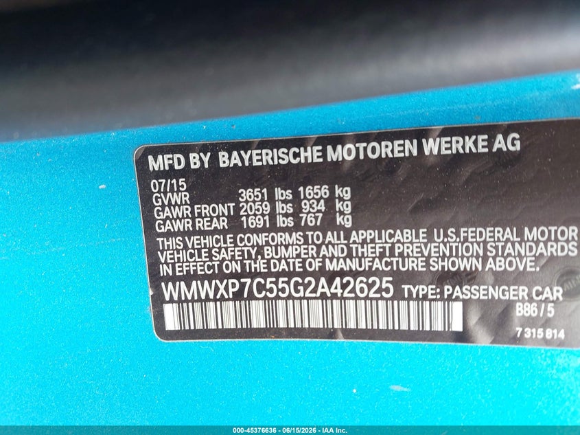 2016 Mini Hard top VIN WMWXP7C55G2A42625 IAAI salvage auction — REAR END, Salvage (North Carolina), sold $250 on 2026-07-22 (photo 9)