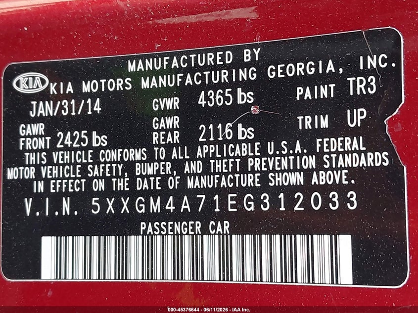 2014 Kia Optima VIN 5XXGM4A71EG312033 IAAI salvage auction — ELECTRICAL, Clear (Kansas), sold $700 on 2026-07-12 (photo 9)