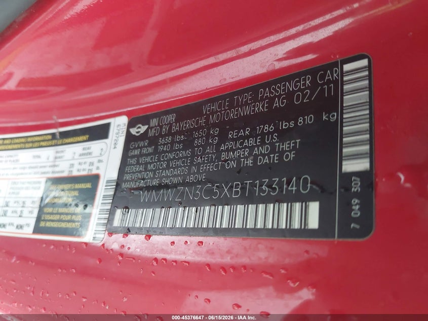 2011 Mini Cooper VIN WMWZN3C5XBT133140 IAAI salvage auction — ENGINE BURN, Salvage (Texas), sold $150 on 2026-08-18 (photo 9)