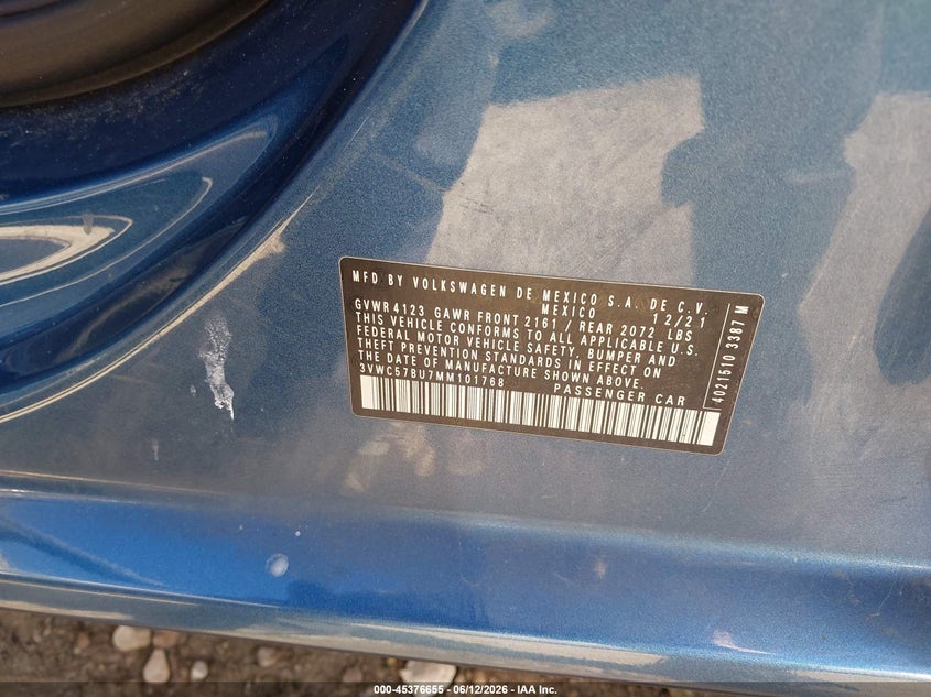 2021 Volkswagen Jetta VIN 3VWC57BU7MM101768 IAAI salvage auction — LEFT REAR, Salvage Title, sold $3,700 on 2026-08-25 (photo 9)