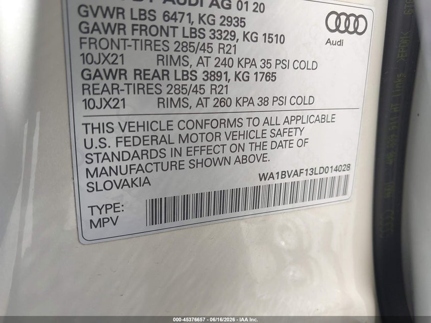 2020 Audi Q8 VIN WA1BVAF13LD014028 IAAI salvage auction — FRONT END, Salvage Title, sold $10,200 on 2026-08-01 (photo 9)