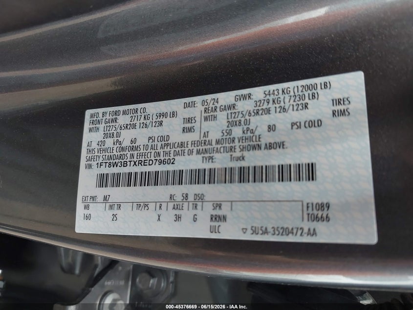 2024 Ford F350 VIN 1FT8W3BTXRED79602 IAAI salvage auction — FRONT END, Salvage Title, sold $8,100 on 2026-07-29 (photo 9)