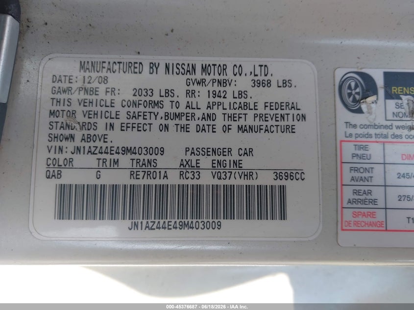 2009 Nissan 370z VIN JN1AZ44E49M403009 IAAI salvage auction — LEFT SIDE, Salvage (Idaho), sold $25 on 2026-07-29 (photo 9)