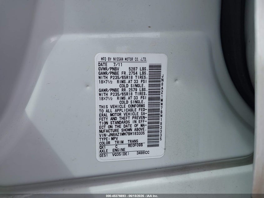 2011 Nissan Murano VIN JN8AZ1MW7BW183335 IAAI salvage auction — LEFT SIDE, Salvage (North Carolina), sold $375 on 2026-07-16 (photo 9)