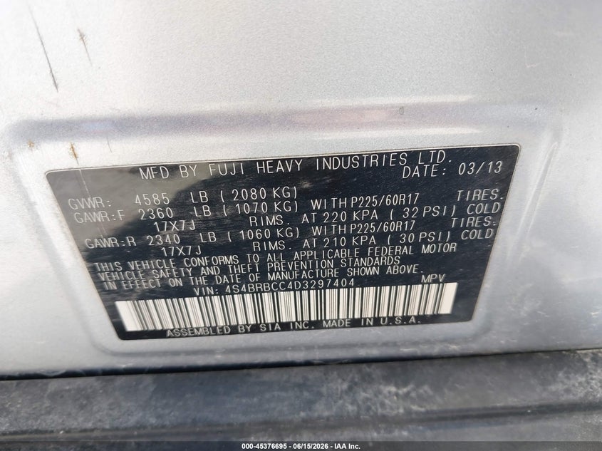 2013 Subaru Outback VIN 4S4BRBCC4D3297404 IAAI salvage auction — FRONT & REAR, Salvage Title, sold $500 on 2026-07-28 (photo 9)