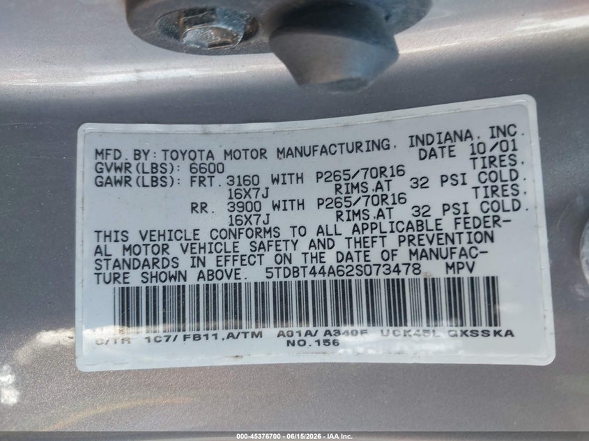 2002 Toyota Sequoia VIN 5TDBT44A62S073478 IAAI salvage auction — NORMAL WEAR, Regular Certificate (Iowa), sold $600 on 2026-07-14 (photo 9)