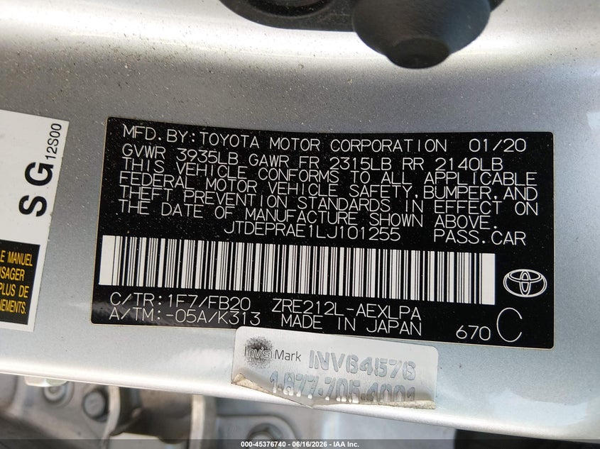 2020 Toyota Corolla VIN JTDEPRAE1LJ101255 IAAI salvage auction — FRONT END, Salvage Title, sold $4,550 on 2026-07-11 (photo 9)